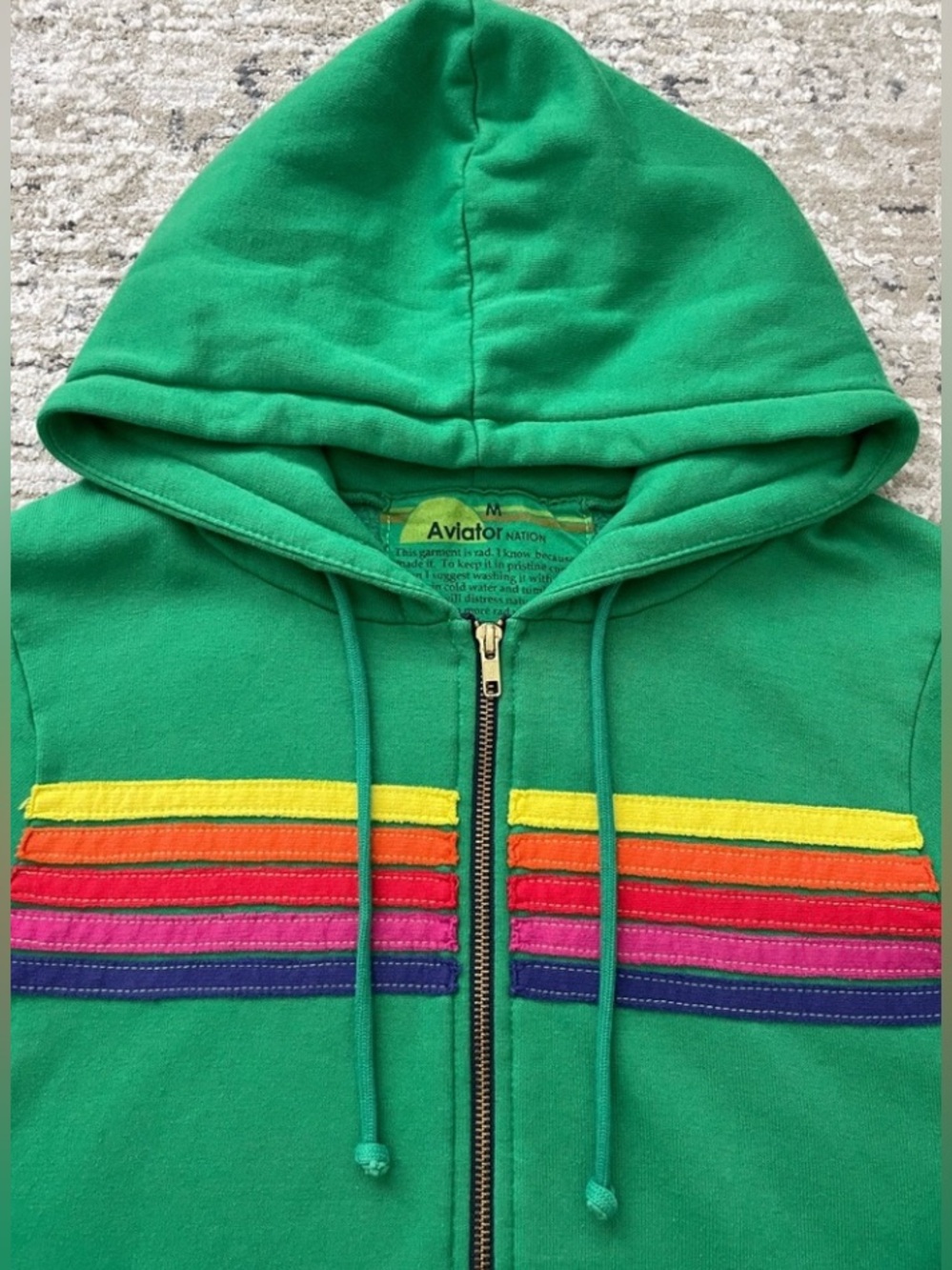Aviator Nation 5 Stripe Green Zip Up Hoodie Size M Made USA Rare Sweatshirt - Picture 3 of 8